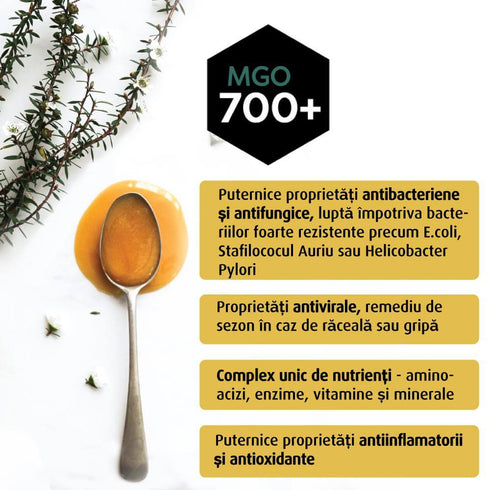 Miere de Manuka Melora, MGO 700+ (UMF 18) Noua Zeelanda, 250 g, naturala